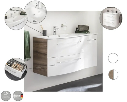 Meuble sous-lavabo avec éléments coulissants, tiroirs et lavabo en fonte minérale