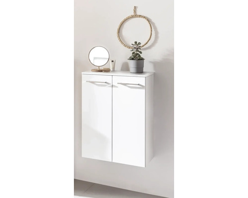 Meuble bas de lavabo blanc avec deux portes, miroir, plante et décoration murale