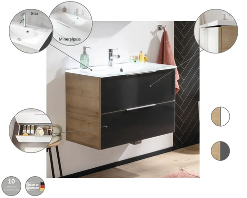 Meuble sous-lavabo avec deux tiroirs, vasque en verre et vasque en fonte minérale