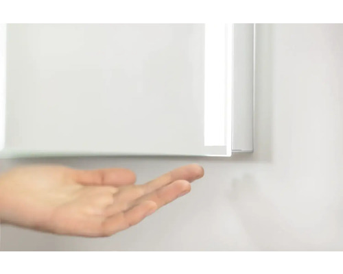 Spiegelschrank mit geöffneter Tür und Hand