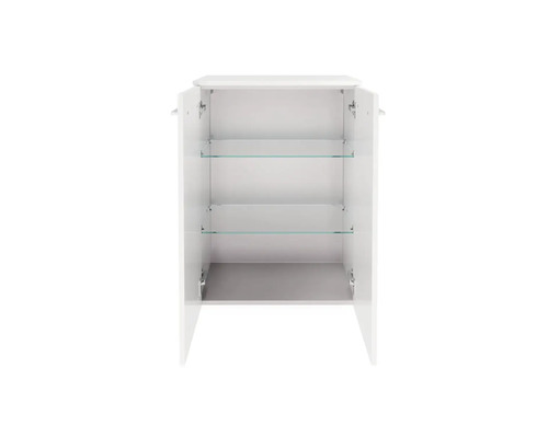 Armoire de toilette blanche ouverte avec étagères en verre pour salle de bain