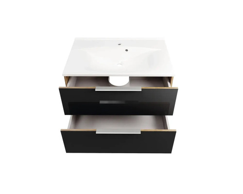 Meuble sous-lavabo avec deux tiroirs ouverts