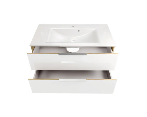 Meuble sous-lavabo blanc avec deux tiroirs et lavabo
