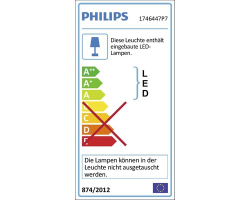 Philips Logo. Energieeffizienzlabel mit dem Hinweis, dass diese Leuchte eingebaute LED Lampen enthält und die Lampen nicht ausgetauscht werden können.