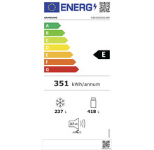 Étiquette énergétique pour réfrigérateur Samsung avec une consommation énergétique annuelle de 351 kilowattheures, un volume de congélation de 237 litres, un volume de réfrigération de 418 litres et un niveau sonore de 37 décibels