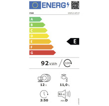 Étiquette énergétique E pour lave-vaisselle PKM, consommation d''énergie de 92 kWh pour 100 cycles
