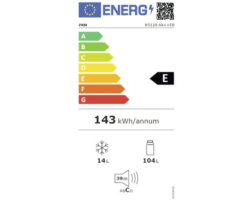 Étiquette énergétique E du réfrigérateur PKM, consommation d''énergie de 143 kilowattheures par an, compartiment congélateur de 14 litres, compartiment réfrigérateur de 104 litres, émission sonore de 39 décibels