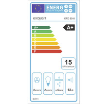 Étiquette énergie Exquisit avec classe d''efficacité énergétique A+, une consommation énergétique annuelle de 15 kWh et un niveau sonore de 62 décibels.