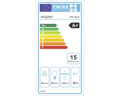 Étiquette énergie Exquisit avec classe d''efficacité énergétique A+, une consommation énergétique annuelle de 15 kWh et un niveau sonore de 62 décibels.