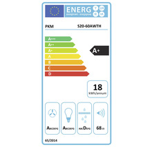 Étiquette énergétique PKM S20-60AWTH avec classe d''efficacité énergétique A+, consommation électrique de 18 kWh par an et émission sonore de 68 décibels