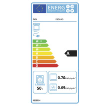 Energielabel für einen PKM Backofen mit der Energieeffizienzklasse A und einem Energieverbrauch von 0,70 Kilowattstunden pro Zyklus im konventionellen Modus und 0,69 Kilowattstunden pro Zyklus im Umluftmodus, mit einem Volumen von 50 Litern.