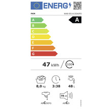 Étiquette énergétique A du lave-linge PKM, consommation d''énergie 47 kWh, capacité de 8,0 kg, durée du programme 3:38 et émission sonore de 78 dB