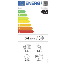 Bosch Geschirrspüler Energielabel A, 54 Kilowattstunden, 14 Maßgedecke, 9,0 Liter Wasserverbrauch, 42 Dezibel, 4 Stunden 30 Minuten