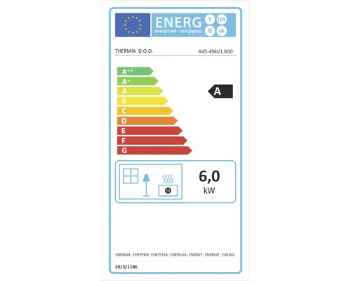 Energielabel mit der Energieeffizienzklasse A und einer Heizleistung von 6,0 Kilowatt