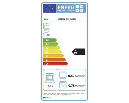 Étiquette énergétique pour four Juno avec classe d''efficacité énergétique A et un volume de 65 litres