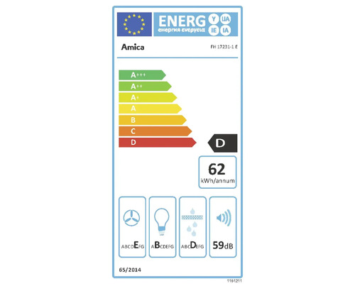 Amica Energielabel mit Energieeffizienzklasse D, jährlichem Energieverbrauch von 62 Kilowattstunden und Geräuschemissionen von 59 Dezibel