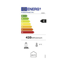 Energielabel für Kühlgerät mit Energieeffizienzklasse C, Stromverbrauch 420 Kilowattstunden pro Jahr, 208 Liter Fassungsvermögen und maximal 32 Grad Celsius Umgebungstemperatur