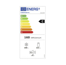 KIBERNETIK Energielabel mit Energieeffizienzklasse C, Energieverbrauch 160 Kilowattstunden pro Jahr, Gefrierfach 106 Liter, Kühlfach 221 Liter und Geräuschemission 39 Dezibel.