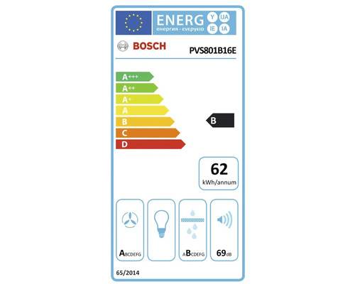 Logo Bosch, classe d''efficacité énergétique B, consommation d''énergie 62 kilowattheures par an, niveau sonore 69 décibels