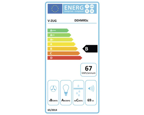 V-ZUG DEHMR5c Energielabel B mit einem jährlichen Energieverbrauch von 67 Kilowattstunden und einem Geräuschpegel von 69 Dezibel