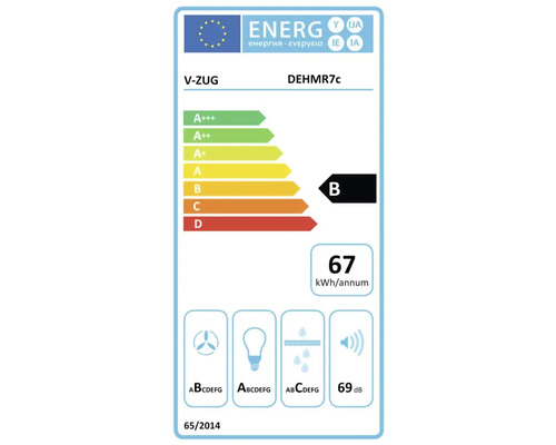 Energielabel V-Zug DEHMR7c mit Energieeffizienzklasse B, jährlichem Energieverbrauch von 67 Kilowattstunden und Geräuschemission von 69 Dezibel