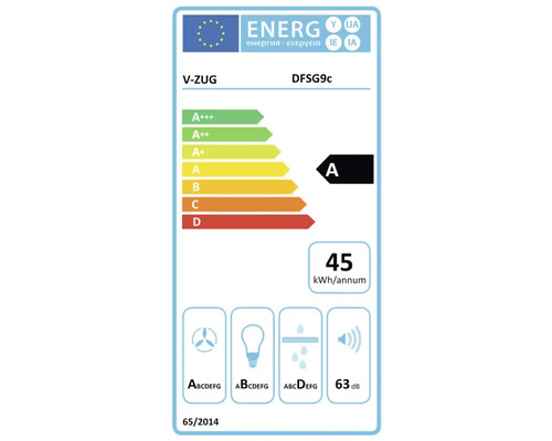V-ZUG Energielabel DFSG9c mit Energieeffizienzklasse A, Energieverbrauch 45 Kilowattstunden pro Jahr und einem Geräuschpegel von 63 Dezibel