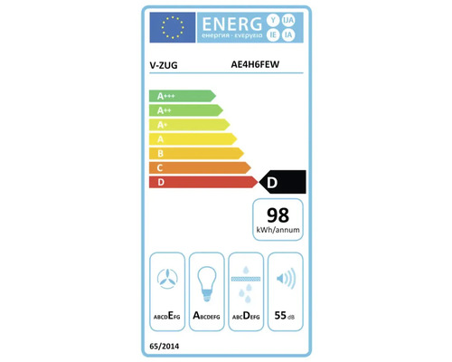 V-ZUG Energielabel AE4H6FEW mit Energieeffizienzklasse D, jährlichem Energieverbrauch von 98 Kilowattstunden und einem Geräuschpegel von 55 Dezibel