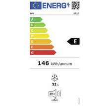 Étiquette énergétique PKM, classe d''efficacité énergétique E, consommation électrique 146 kilowattheures par an, volume du compartiment congélateur 32 litres, niveau sonore 39 décibels