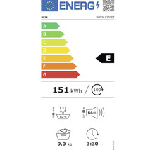 Étiquette énergie PKM avec classe d''efficacité énergétique E, 151 kilowattheures, 82 pour cent, 64 décibels, 9,0 kilogrammes et 3:30 heures