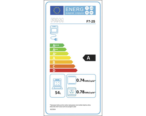 Étiquette énergétique pour un four PKM avec classe d'efficacité énergétique A, une consommation d'énergie de 0,74 kWh par cycle en mode conventionnel et 0,78 kWh par cycle en mode air pulsé, et un volume de 54 litres.