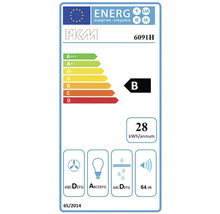 Étiquette énergétique pour PKM 6091H avec classe d''efficacité énergétique B, une consommation énergétique annuelle de 28 kilowattheures et un niveau sonore de 64 décibels