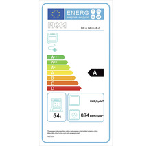 Étiquette énergétique du four PKM BIC4 GKU-IX-2 avec la classe d''efficacité énergétique A, une consommation électrique de 0,74 kilowattheure par cycle et un volume de cuisson de 54 litres.