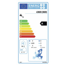 Étiquette énergétique avec classe d'efficacité énergétique A, XL, émissions sonores de 54 décibels et une consommation électrique annuelle de 1408 kilowattheures