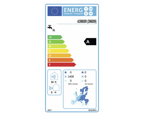 Étiquette énergétique avec classe d'efficacité énergétique A, XL, émissions sonores de 54 décibels et une consommation électrique annuelle de 1408 kilowattheures