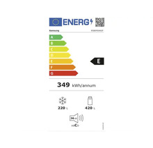 Étiquette énergétique Samsung avec classe d''efficacité énergétique E, consommation électrique 349 kilowattheures par an, compartiment congélateur 220 litres, compartiment réfrigérateur 420 litres et émission sonore 36 décibels