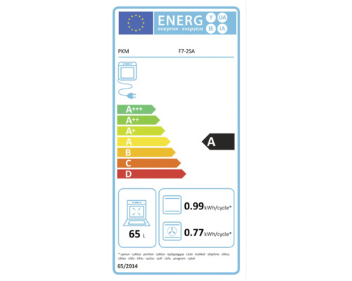 Étiquette énergétique pour le four PKM F7-2SA avec classe d'efficacité énergétique A, volume de 65 litres et consommation d'énergie par cycle de 0.99 kilowattheure (conventionnel) et 0.77 kilowattheure (air chaud)