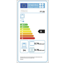 Energielabel des PKM F7-2S Backofens mit der Energieeffizienzklasse A, einem Energieverbrauch von 0,74 Kilowattstunden pro Zyklus im konventionellen Modus und 0,78 Kilowattstunden pro Zyklus im Umluftmodus sowie einem Volumen von 54 Litern