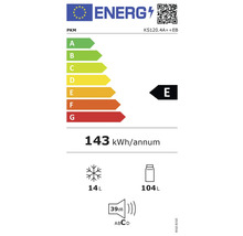 Energielabel PKM KS120.4A++EB mit Energieeffizienzklasse E, Energieverbrauch 143 Kilowattstunden pro Jahr, Gefrierfachvolumen 14 Liter, Kühlfachvolumen 104 Liter und Geräuschemission 39 Dezibel