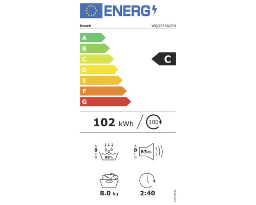 Étiquette énergétique Bosch avec classe d''efficacité énergétique C, consommation électrique de 102 kWh, efficacité d''essorage de 88 %, niveau sonore de 63 dB et capacité de 8 kg.
