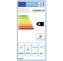 Étiquette énergétique PKM UBH6002-2H avec classe d''efficacité énergétique B, consommation énergétique annuelle de 28 kWh et émission sonore de 62 décibels