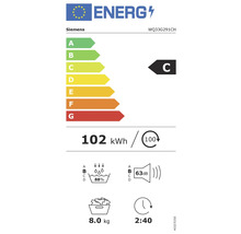 Étiquette énergie Siemens lave-linge, classe d''efficacité énergétique C, consommation électrique 102 kWh, efficacité d''essorage 88 %, niveau sonore 63 dB, capacité de remplissage 8.0 kg, durée du programme 2:40