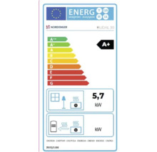 Energielabel für Heizgerät mit Energieeffizienzklasse A+ und einem Stromverbrauch von 5,7 Kilowatt