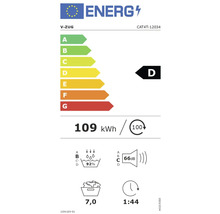 Étiquette énergétique V-ZUG avec classe d''efficacité énergétique D, 109 kilowattheures, capacité de 7,0 kilogrammes et niveau sonore de 66 décibels