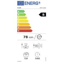 Energielabel V-ZUG, Energieeffizienzklasse B, Energieverbrauch 78 kWh, Waschwirkung 94 Prozent, Geräuschpegel 62 Dezibel, maximale Füllmenge 7,0 Kilogramm, Programmdauer 3 Stunden 2 Minuten