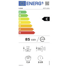 V-ZUG Energielabel mit Energieeffizienzklasse C, Stromverbrauch 85 Kilowattstunden pro 100 Zyklen, Schleudereffizienzklasse B und Geräuschemission 64 Dezibel