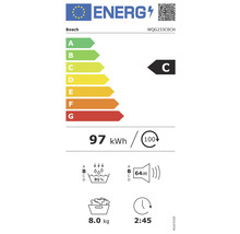 Étiquette énergétique C du lave-linge Bosch, consommation d''énergie 97 kilowattheures pour 100 cycles de lavage, émission sonore de 64 décibels, capacité de 8 kilogrammes, durée du programme de 2 heures 45 minutes