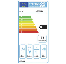 Étiquette énergétique PKM S13-60BBPH avec classe d'efficacité énergétique B, consommation énergétique annuelle de 27 kWh et émissions sonores de 65 décibels