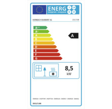 Étiquette énergétique de classe d''efficacité A et consommation de 8,5 kilowatts. Logo Hornbach Baumarkt AG.