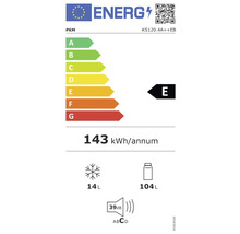 Étiquette énergie PKM avec classe d'efficacité énergétique E, consommation énergétique annuelle de 143 kilowattheures, volume du compartiment congélateur de 14 litres et volume du compartiment réfrigérateur de 104 litres, et émission...