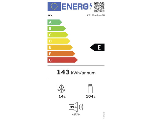 Étiquette énergie PKM avec classe d'efficacité énergétique E, consommation énergétique annuelle de 143 kilowattheures, volume du compartiment congélateur de 14 litres et volume du compartiment réfrigérateur de 104 litres, et émission...